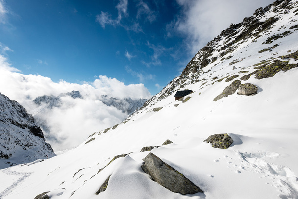 vuoren huiput talvella lumen peitossa kirkas aurinko ja sininen
 - Valokuva, kuva
