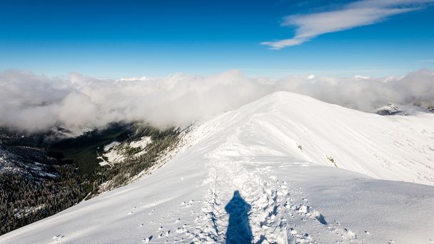 Touristen genießen hohe Berge im Schnee an einem sonnigen Tag - Foto, Bild