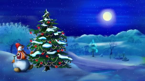 Snowman near a Christmas Tree in a Magic Night - Záběry, video