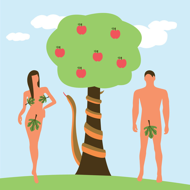 adam und eve mit einer Schlange und einem großen Apfelbaum Illustration isoliert in einem hellblauen Hintergrund - Vektor, Bild