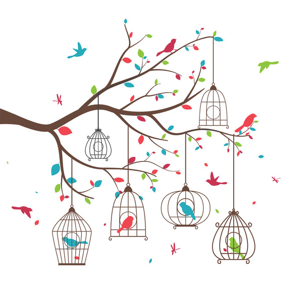 Colorful tree with birds and birdcages - Wektor, obraz