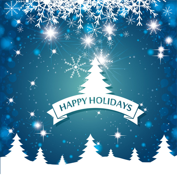 szép kártya boldog ünnepek táj fa hópehely kék háttér - Vektor, kép