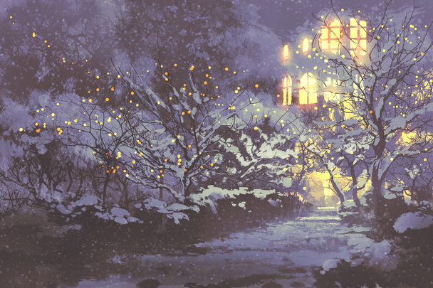 yö maisemia luminen talvella kuja puistossa jouluvalot puissa
 - Valokuva, kuva