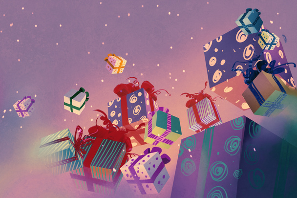 cajas de regalo de Navidad flotando sobre fondo púrpura
 - Foto, imagen