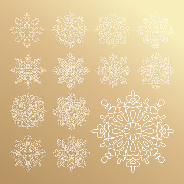 Various golden winter snowflakes. Vector set - Вектор,изображение