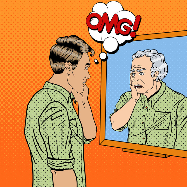 Pop Art Homem chocado Olhando para o próprio mais velho no espelho. Ilustração vetorial
 - Vetor, Imagem