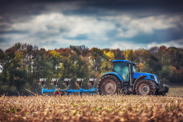 Traktördeki çiftçi tohum ekiciyle toprağı hazırlıyor. - Fotoğraf, Görsel