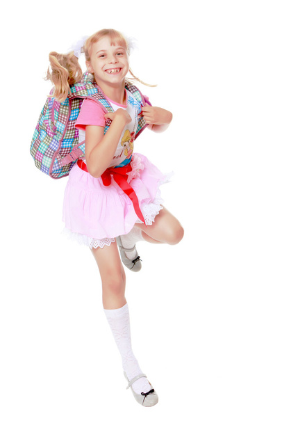 Girl with school backpack - 写真・画像