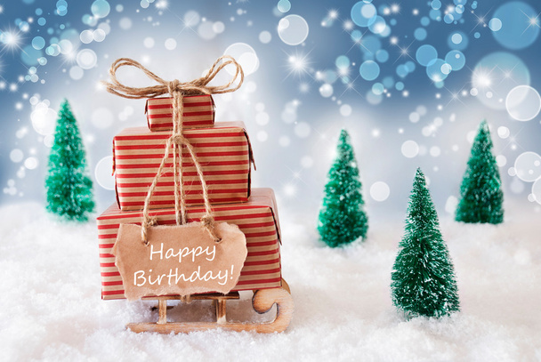 Christmas Sleigh On Blue Background, Happy Birthday - Фото, зображення