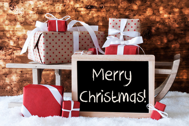 Sleigh With Gifts, Snow, Bokeh, Text Merry Christmas - Φωτογραφία, εικόνα