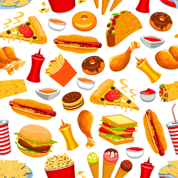 Fast Food Snacks und Getränke nahtlose Muster - Vektor, Bild