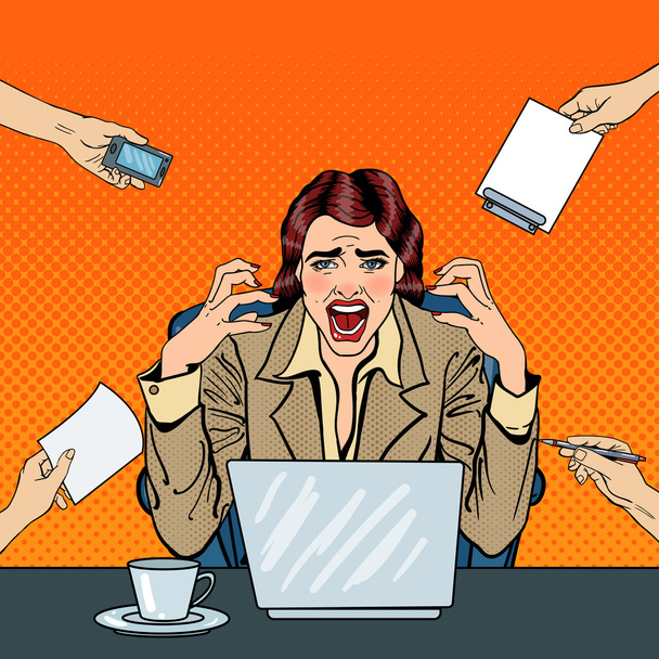 Pop Art frustrada mujer de negocios estresada gritando en el trabajo de oficina de tareas múltiples. Ilustración vectorial
 - Vector, Imagen