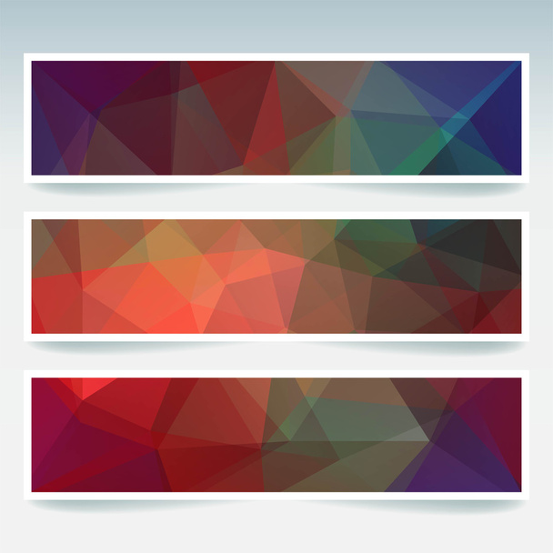 Bandiere orizzontali con triangoli poligonali colorati scuri. Sfondo poligonale, illustrazione vettoriale. Colore autunnale. Colori rosso, arancione, verde, marrone, blu
 - Vettoriali, immagini
