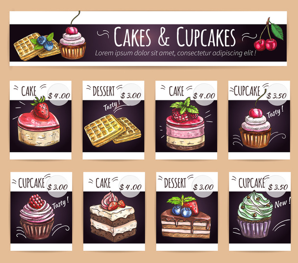 Desserts menu. Sletched cupcakes, cakes prices - Vector, Image