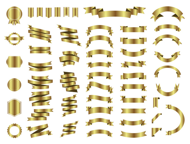 Banner vector icon set arany színű, fehér háttér. Ribbon ajándék és kiegészítő elszigetelt alakzatok illusztrációja. Karácsonyi dekoráció matrica app web. Címke, jelvény határok gyűjtemény. - Vektor, kép