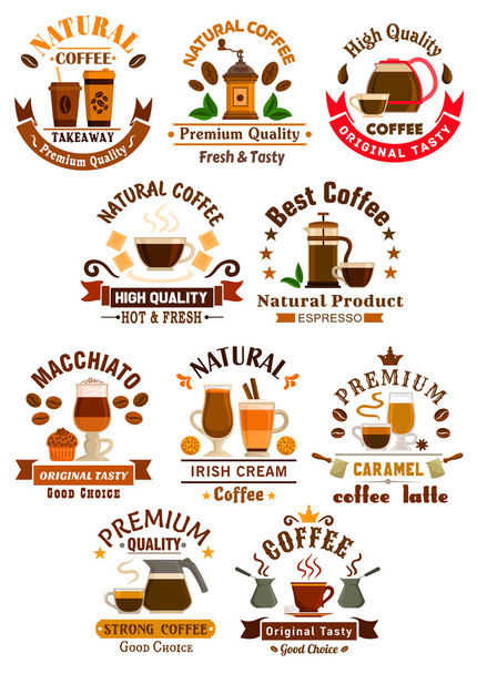 Coffee sorts emblems set for cafe, restuarant - Διάνυσμα, εικόνα