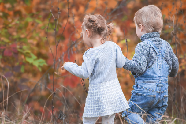 Happy children outdoor at fall season, holding hands. Has date - Φωτογραφία, εικόνα