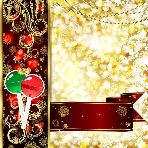 Tarjeta navideña con decoración navideña, copos de nieve sobre fondo dorado y rojo
. - Vector, imagen