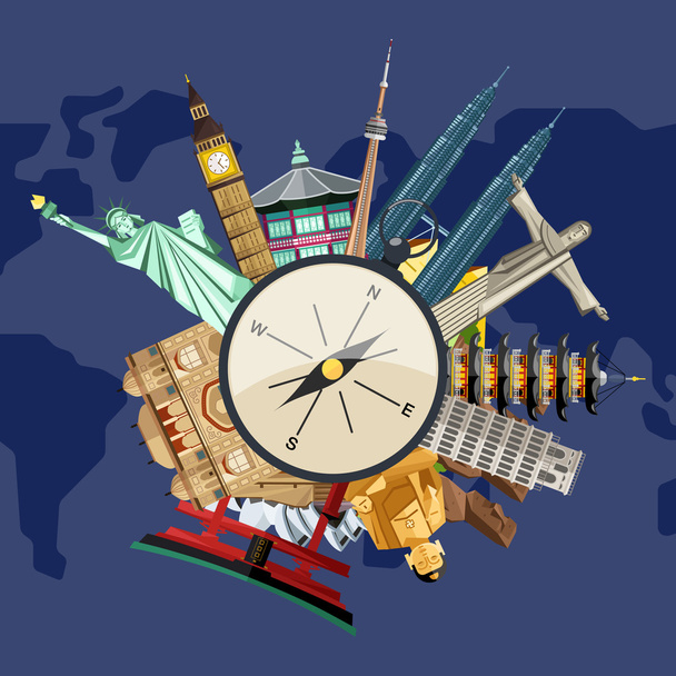 Time to travel concept with famous attractions - Vector, imagen