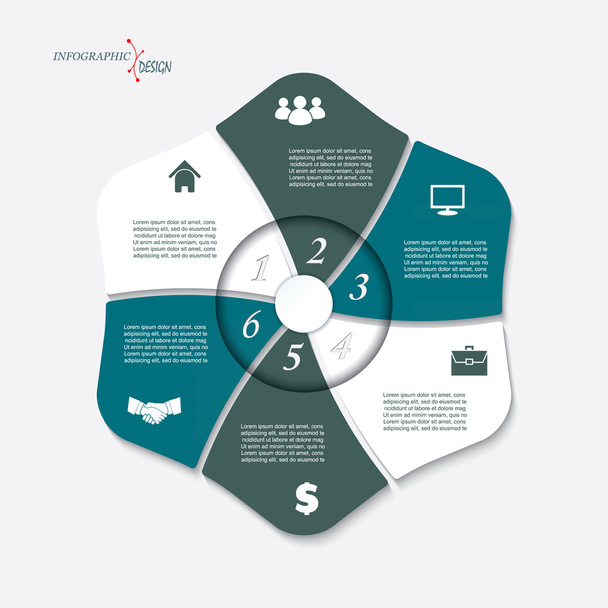 Vektori infografinen malli 6 vaiheet, osat, vaihtoehdot, sektori
 - Vektori, kuva