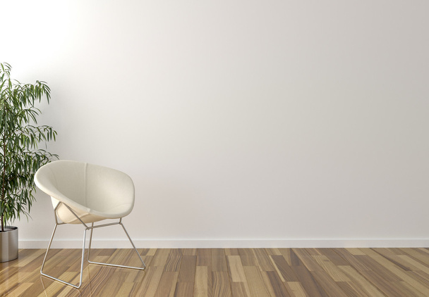 Solo valkoinen tuoli, sisätilojen kasvi ja tyhjä seinä taustalla
 - Valokuva, kuva
