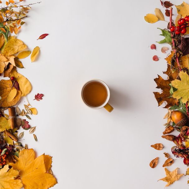 Podzimní listy s kávou nebo čajem  - Fotografie, Obrázek