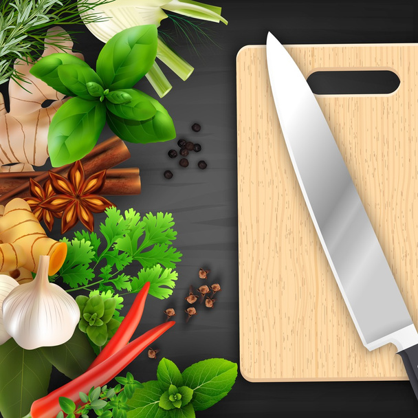 Spices and herbs with cutting board and knife - Vector, Image