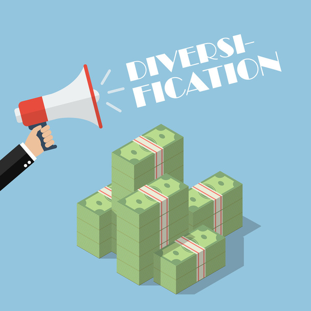 Hand holding megaphone with word diversification on top of cash  - Vector, Image