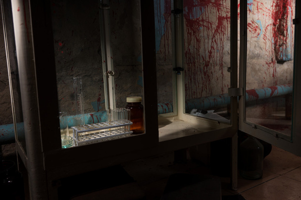 Blood stained laboratory with glass case and tubes - Photo, image