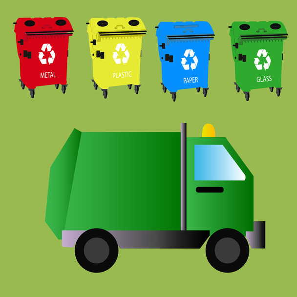 Camión de basura transportando papeleras de reciclaje de colores con papel, vidrio, plástico, metal. Volquete de basura con basura. Concepto de reciclaje de residuos. Camión de carga. Ilustración vectorial en diseño de estilo plano
. - Vector, Imagen
