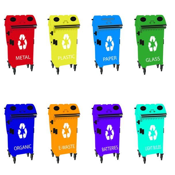 Different colored recycle waste bins, Waste types segregation recycling Organic, batteries, metal plastic, paper, glass, e-waste, light bulbs. - Vector, Image