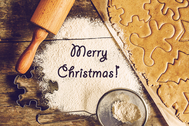 table rolled out dough, flour, Christmas shapes, sign, style sha - 写真・画像