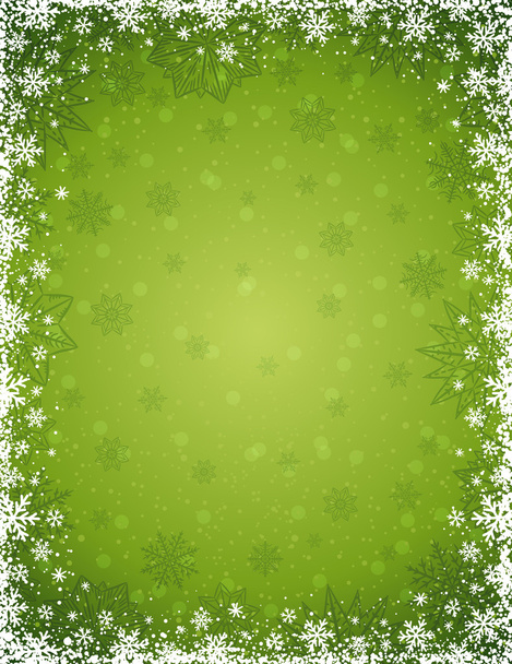 Green christmas background with  frame of snowflakes and stars,  - Вектор, зображення