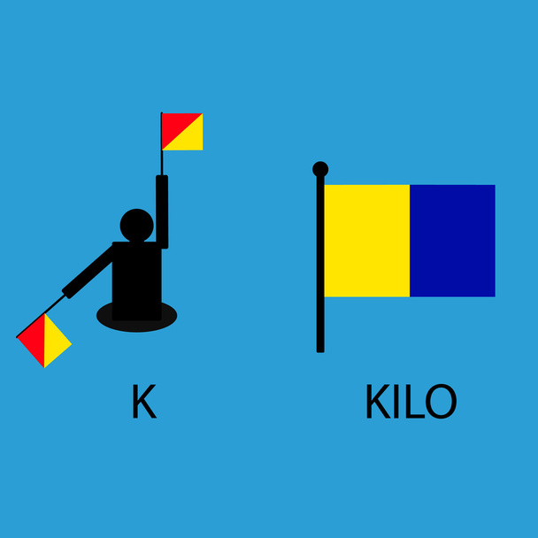 Διεθνές θαλάσσιο σήμα σημαία, θάλασσα αλφάβητο, εικονογράφηση διάνυσμα, σηματοφορέα (semaphore), επικοινωνίας, κιλό. - Διάνυσμα, εικόνα