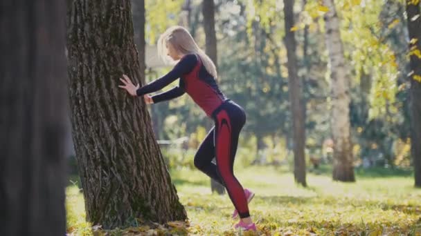 Fitness treinamento de força mulher fazendo treino no ensolarado parque de outono. Ajuste menina esportiva caucasiana exercitando seu corpo perto da árvore levanta as pernas alternadamente
 - Filmagem, Vídeo