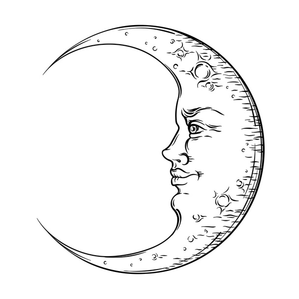 Antique style hand drawn art crescent moon. Boho chic tattoo design vector - Vector, Image