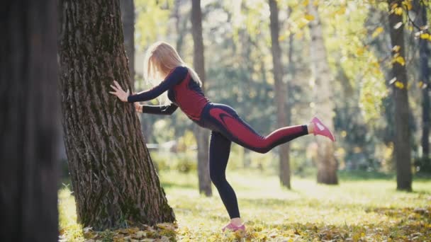 Fitness treinamento de força mulher fazendo treino no ensolarado parque de outono. Ajuste a menina esportiva caucasiana exercitando seu corpo perto da árvore levanta as pernas alternadamente, câmera lenta
 - Filmagem, Vídeo