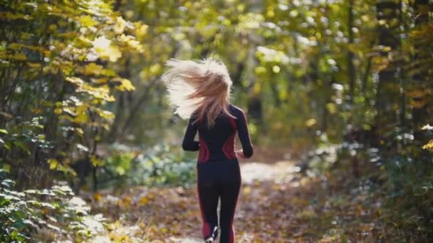 Сонячна осінь біжить. Молода активна жінка-спортсменка з білим волоссям, що біжить на відкритому повітрі в парку. Здорові жінки, вид ззаду, повільний рух
 - Кадри, відео