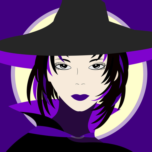 Een mooie heks met zwarte en paarse hoed en mantel. Volle maan in de achtergrond. - Vector, afbeelding