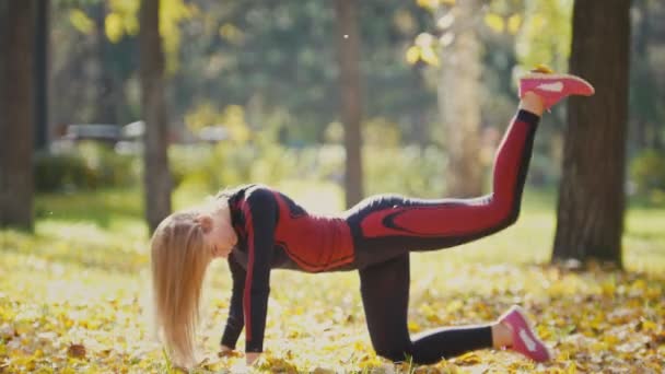Fitness woman strength training doing workout at sunny autumn park. Fit caucasian sporty girl exercising her body - performs the lifting legs on yellow leaves - 映像、動画