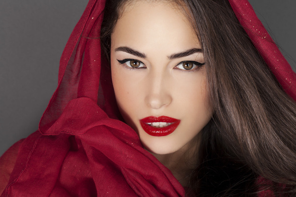classic beauty with red lips and scraf - Photo, Image