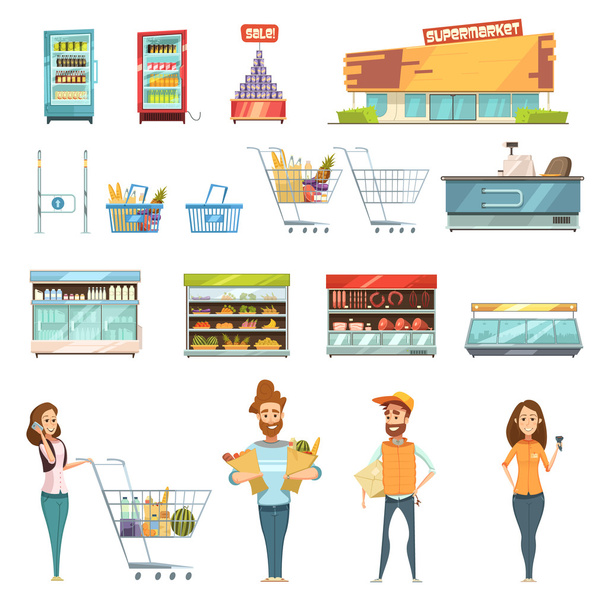Menschen in Supermarkt Cartoon-Ikonen gesetzt - Vektor, Bild