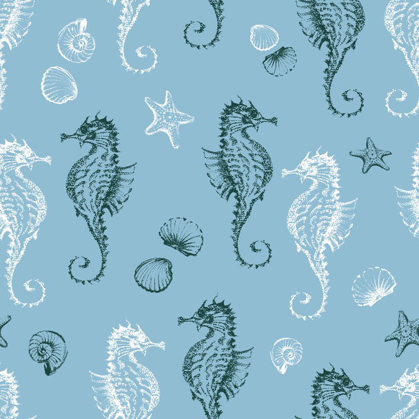 pattern of the seahorses and the seashells   - Vector, Image