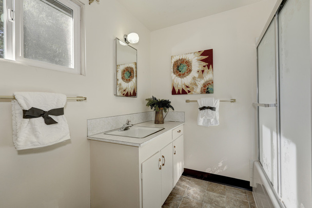 Intérieur de salle de bain blanc pur avec vanité à l'ancienne
 - Photo, image