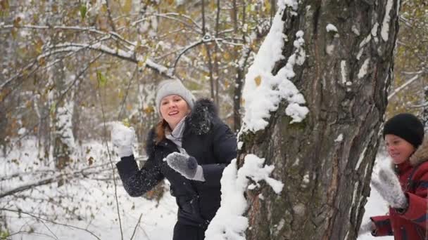 Rodzina gry przez rzucanie śnieżkami zza drzewa w parku zimowym - Materiał filmowy, wideo
