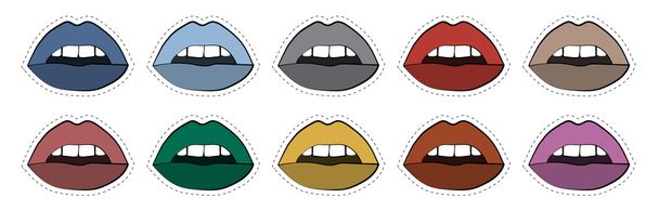 Vector conjunto de pegatinas labios insignias en diferentes colores 80-90 estilo cómico
 - Vector, imagen
