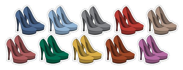 Vector conjunto de pegatinas insignias zapatos femeninos en diferentes colores 80s-90s estilo cómico
 - Vector, imagen