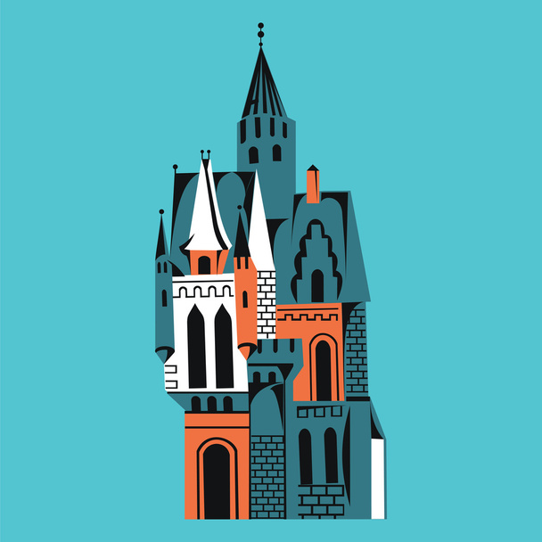castillo con torres para cuentos de hadas multicolor sobre azul
 - Vector, imagen