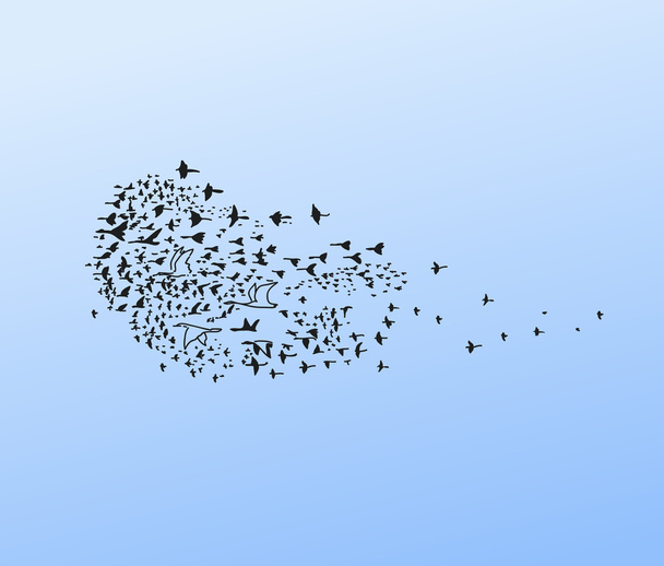 flock of birds different sizes that fly south in evening sky - ベクター画像
