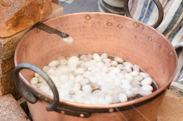 Boiling silkworm cocoon in the pot - Photo, Image